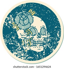 iconic distressed sticker tattoo style image of a skull and rose