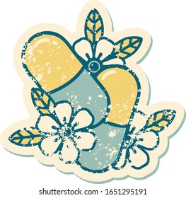 iconic distressed sticker tattoo style image of pills and flowers
