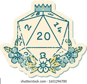 iconic distressed sticker tattoo style image of a d20