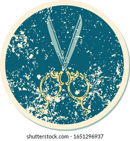 iconic distressed sticker tattoo style image of barber scissors