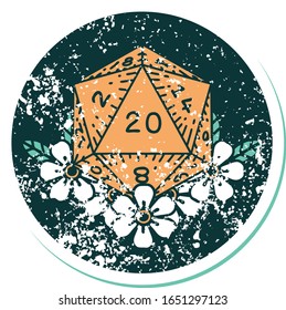 iconic distressed sticker tattoo style image of a d20