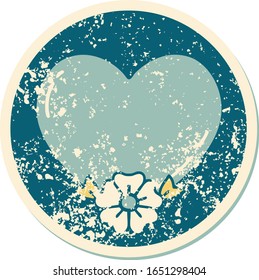 iconic distressed sticker tattoo style image of a heart and flower