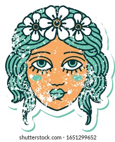 iconic distressed sticker tattoo style image of female face with crown of flowers