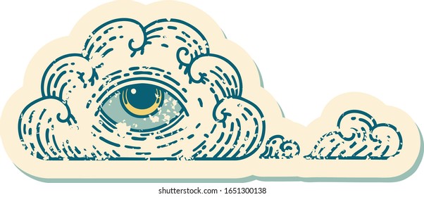 iconic distressed sticker tattoo style image of an all seeing eye cloud