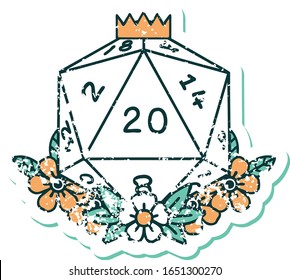 iconic distressed sticker tattoo style image of a d20