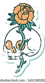 iconic distressed sticker tattoo style image of a skull and rose