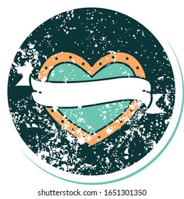 iconic distressed sticker tattoo style image of a heart and banner