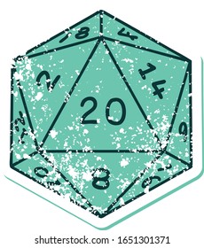 iconic distressed sticker tattoo style image of a d20 dice