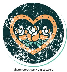 iconic distressed sticker tattoo style image of a heart and flowers