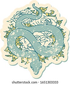 iconic distressed sticker tattoo style image of snake and roses