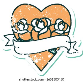 iconic distressed sticker tattoo style image of a heart and banner with flowers