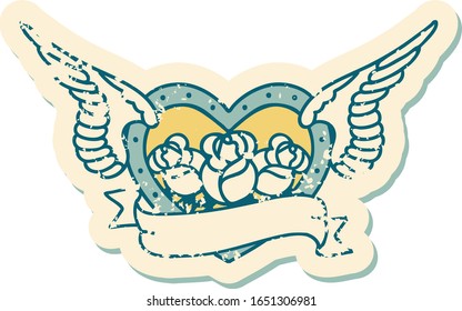 iconic distressed sticker tattoo style image of a flying heart with flowers and banner
