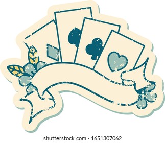 iconic distressed sticker tattoo style image of cards and banner with flowers