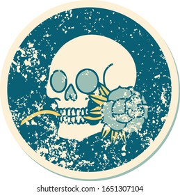iconic distressed sticker tattoo style image of a skull and rose