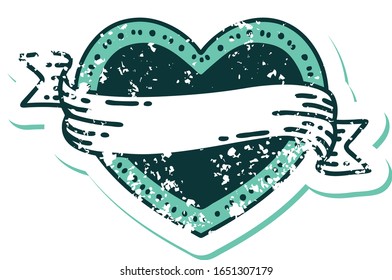 iconic distressed sticker tattoo style image of a heart and banner