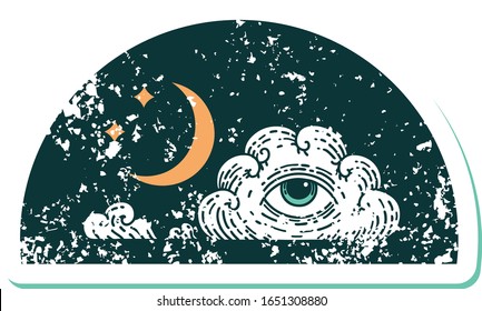 iconic distressed sticker tattoo style image of moon stars and cloud