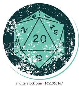 iconic distressed sticker tattoo style image of a d20 dice