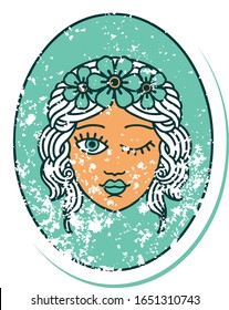 iconic distressed sticker tattoo style image of a maiden with crown of flowers winking