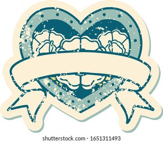 iconic distressed sticker tattoo style image of a heart and banner with flowers