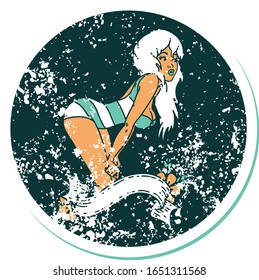 iconic distressed sticker tattoo style image of a pinup girl in swimming costume with banner