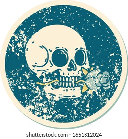 iconic distressed sticker tattoo style image of a skull and rose