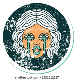 iconic distressed sticker tattoo style image of a very happy crying female face