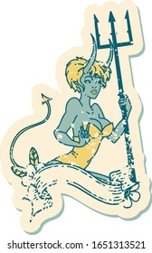 iconic distressed sticker tattoo style image of a pinup devil girl with banner