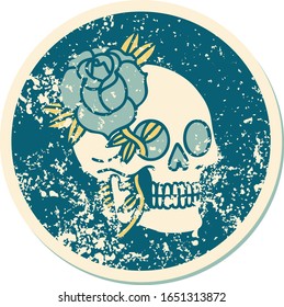 iconic distressed sticker tattoo style image of a skull and rose
