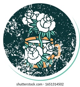 iconic distressed sticker tattoo style image of a cup and flowers