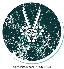 iconic distressed sticker tattoo style image of barber scissors and flowers