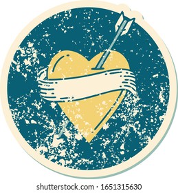 iconic distressed sticker tattoo style image of an arrow heart and banner