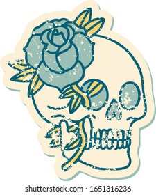 iconic distressed sticker tattoo style image of a skull and rose
