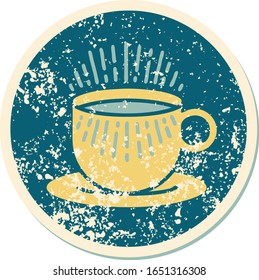 iconic distressed sticker tattoo style image of cup of coffee