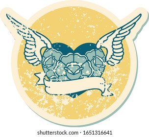 iconic distressed sticker tattoo style image of a flying heart with flowers and banner