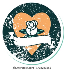 iconic distressed sticker tattoo style image of a heart rose and banner 