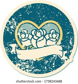 iconic distressed sticker tattoo style image of a heart and banner with flowers