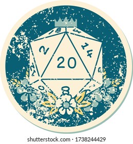 iconic distressed sticker tattoo style image of a d20