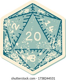 iconic distressed sticker tattoo style image of a d20 dice
