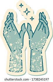 iconic distressed sticker tattoo style image of mystic hands