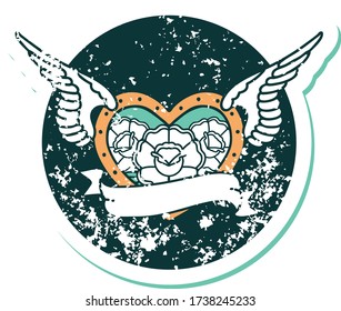 iconic distressed sticker tattoo style image of a flying heart with flowers and banner