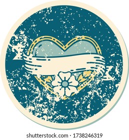 iconic distressed sticker tattoo style image of a heart and banner with flowers