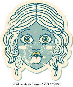 iconic distressed sticker tattoo style image of female face sticking out tongue