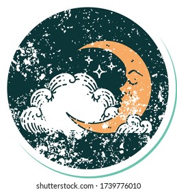 iconic distressed sticker tattoo style image of a crescent moon and clouds