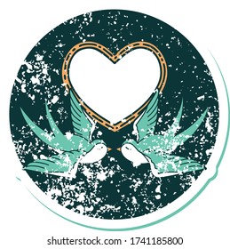 iconic distressed sticker tattoo style image of swallows and a heart