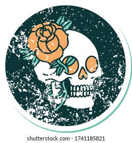 iconic distressed sticker tattoo style image of a skull and rose