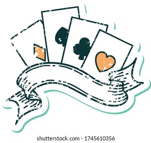 iconic distressed sticker tattoo style image of cards and banner