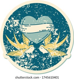 iconic distressed sticker tattoo style image of swallows and a heart with banner