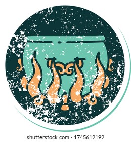 icônico estilo de tatuagem adesivo angustiado imagem de um caldeirão iluminado