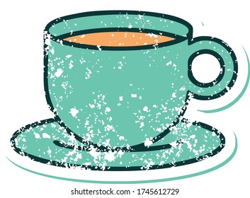 iconic distressed sticker tattoo style image of a cup of coffee