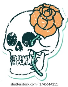 iconic distressed sticker tattoo style image of a skull and rose